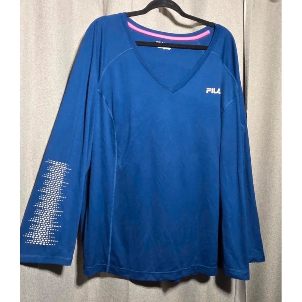 Fila Sport Womens 3X Blue Long Sleeve V-Neck Performance Activewear Top Logo